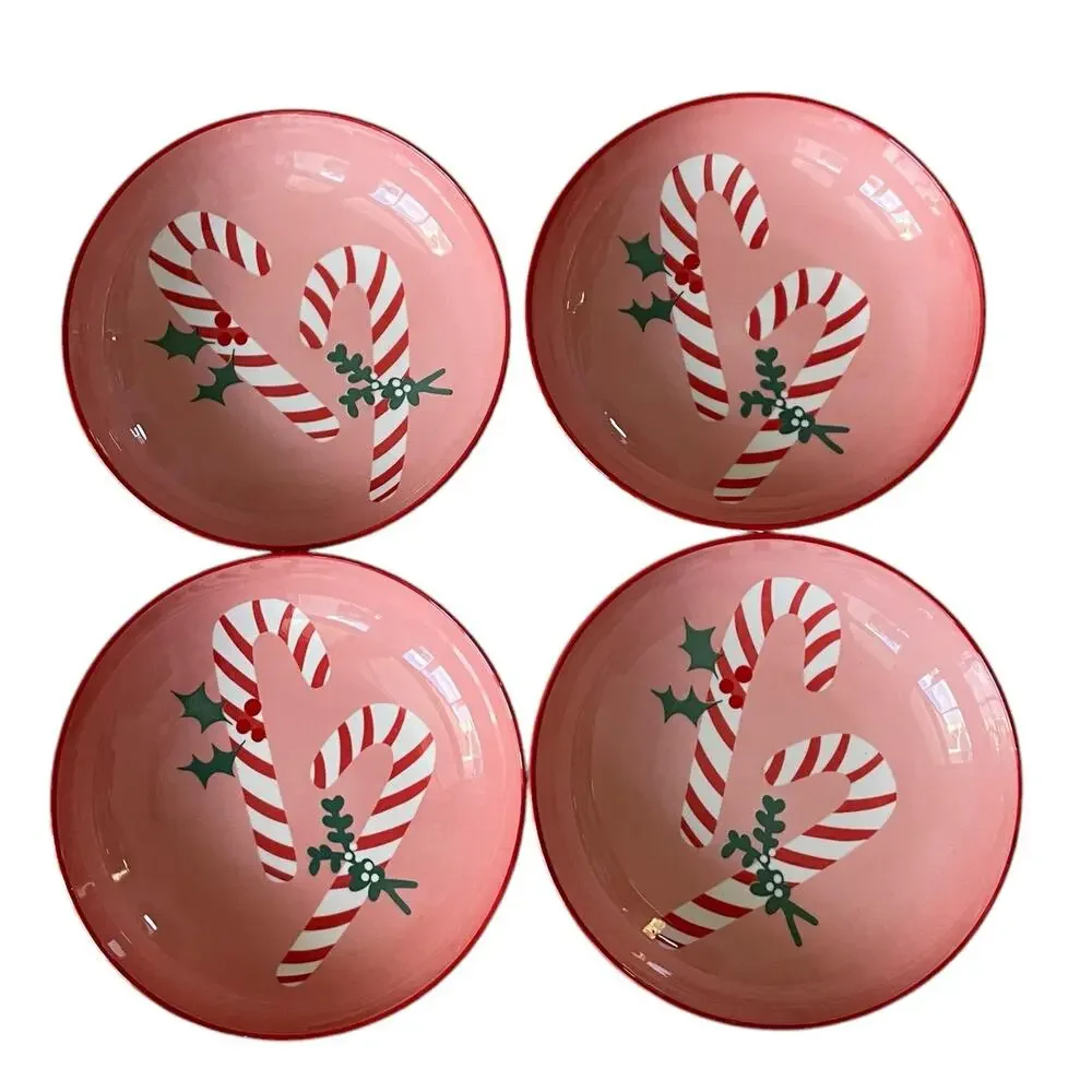 Christmas Candy Cane Dinner Bowl Set of 4 Ceramic Pink Red PrimaDesign Holiday